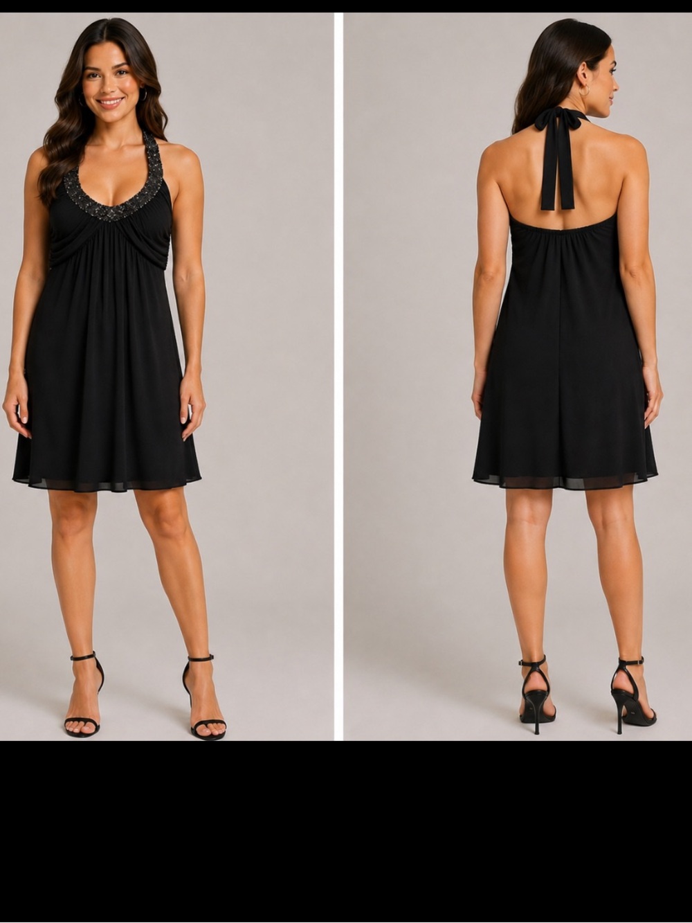 AGB Black Backless Halter Dress with Beaded Neckline Size 14